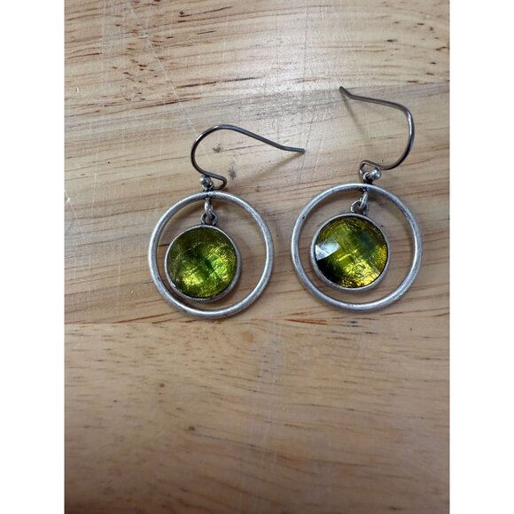 Green Glass & Silver-Tone Double Circle Dangle Earrings 90's - Picture 3 of 6